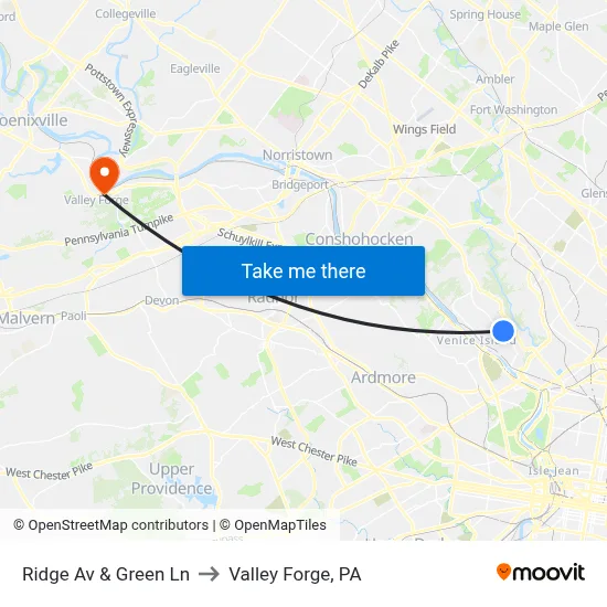 Ridge Av & Green Ln to Valley Forge, PA map