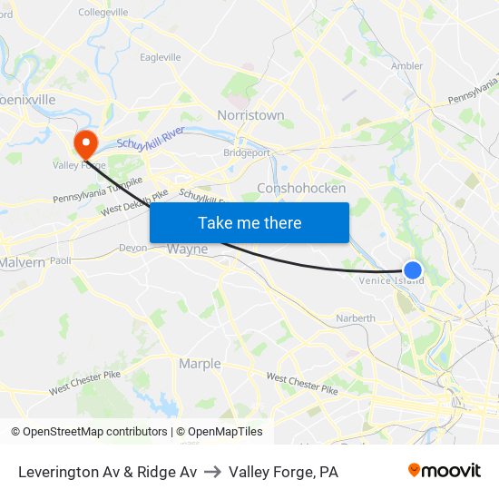 Leverington Av & Ridge Av to Valley Forge, PA map