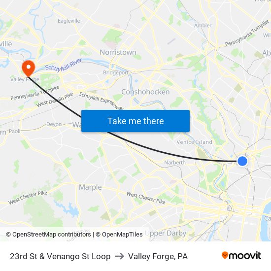 23rd St & Venango St Loop to Valley Forge, PA map