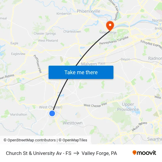 Church St & University Av - FS to Valley Forge, PA map