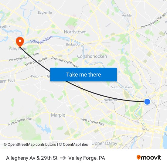 Allegheny Av & 29th St to Valley Forge, PA map