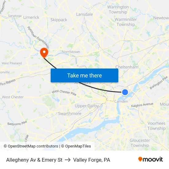 Allegheny Av & Emery St to Valley Forge, PA map