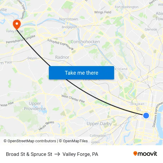 Broad St & Spruce St to Valley Forge, PA map