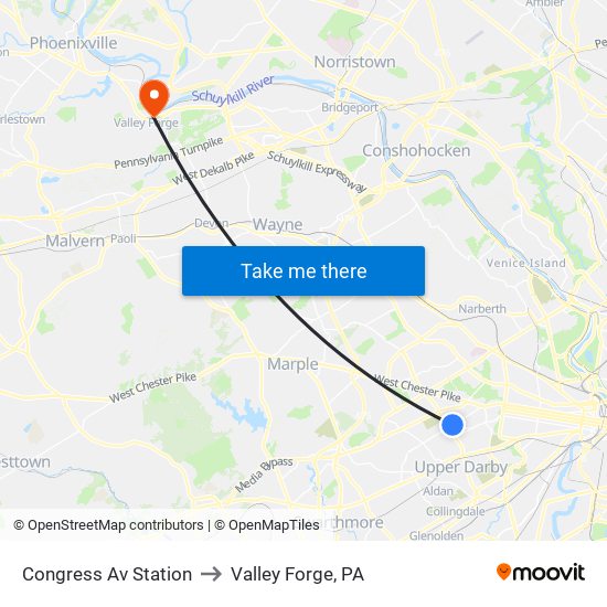 Congress Av Station to Valley Forge, PA map