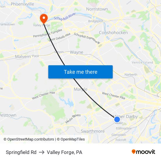 Springfield Rd to Valley Forge, PA map