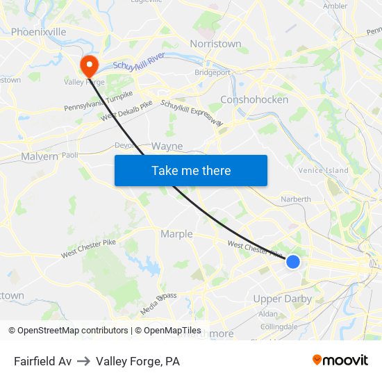 Fairfield Av to Valley Forge, PA map