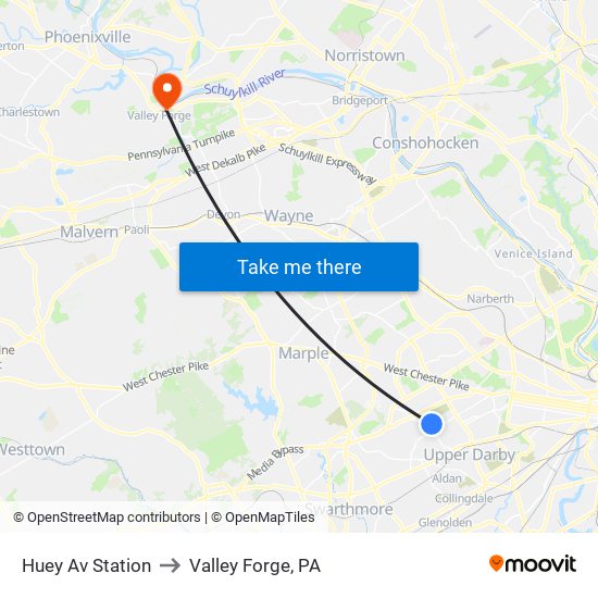Huey Av Station to Valley Forge, PA map