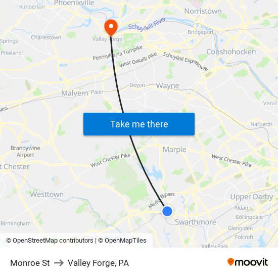 Monroe St to Valley Forge, PA map