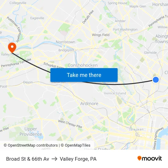 Broad St & 66th Av to Valley Forge, PA map