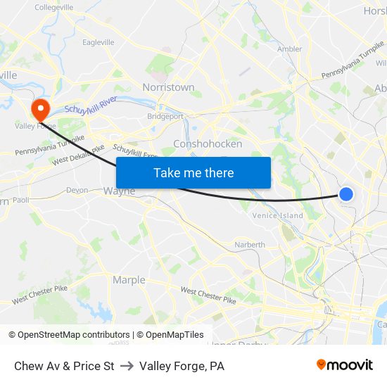 Chew Av & Price St to Valley Forge, PA map