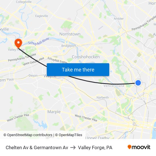 Chelten Av & Germantown Av to Valley Forge, PA map