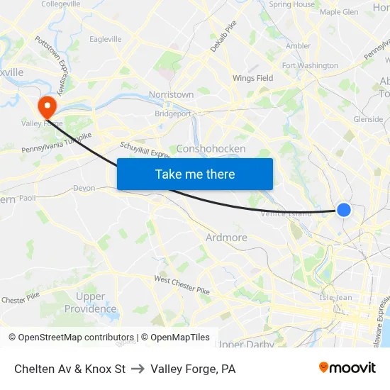 Chelten Av & Knox St to Valley Forge, PA map