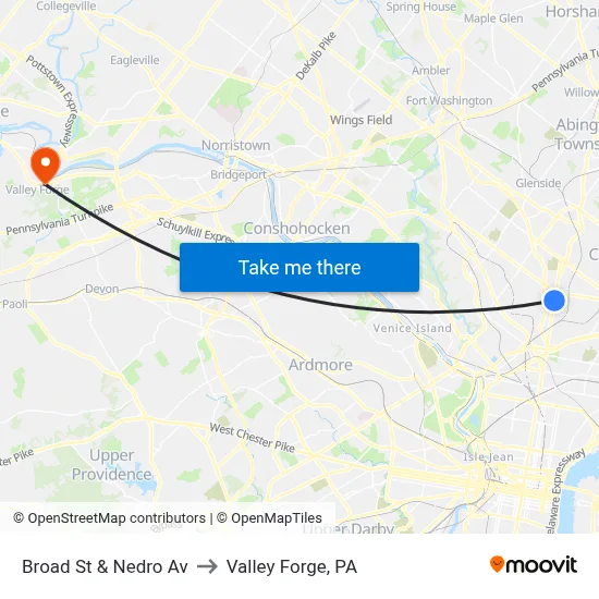 Broad St & Nedro Av to Valley Forge, PA map