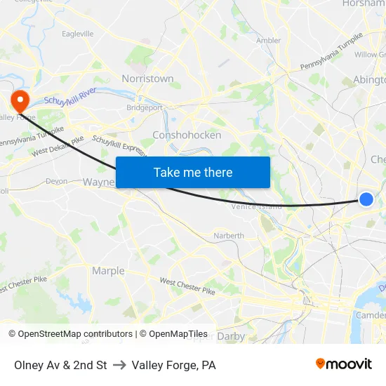 Olney Av & 2nd St to Valley Forge, PA map