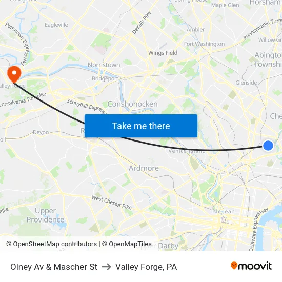 Olney Av & Mascher St to Valley Forge, PA map