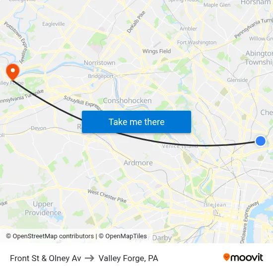 Front St & Olney Av to Valley Forge, PA map