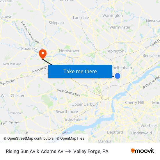 Rising Sun Av & Adams Av to Valley Forge, PA map