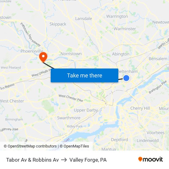 Tabor Av & Robbins Av to Valley Forge, PA map