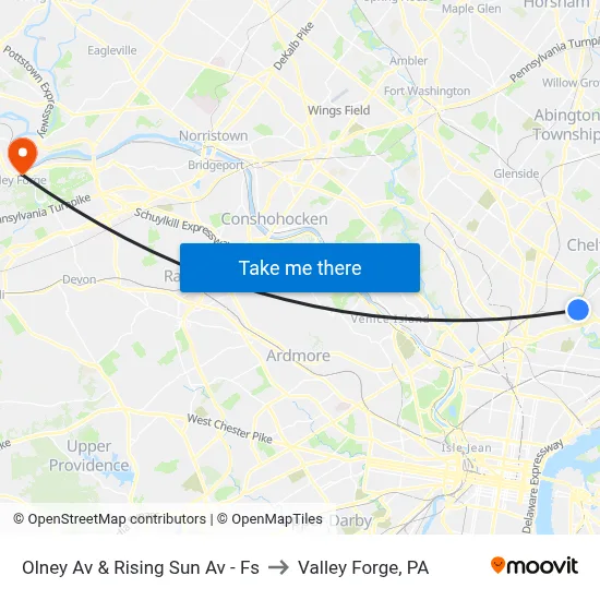 Olney Av & Rising Sun Av - Fs to Valley Forge, PA map