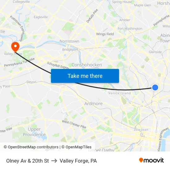 Olney Av & 20th St to Valley Forge, PA map