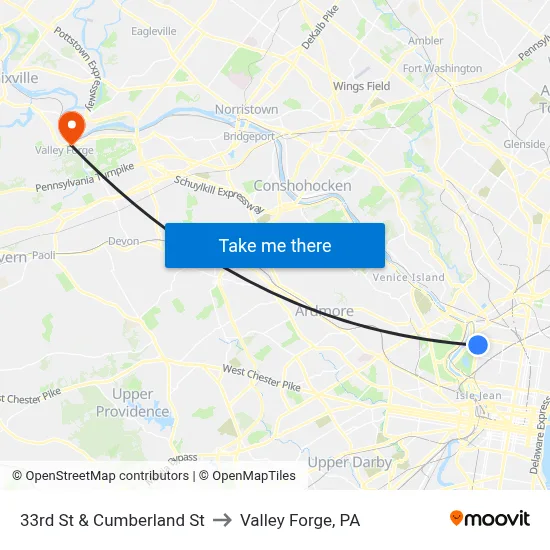 33rd St & Cumberland St to Valley Forge, PA map