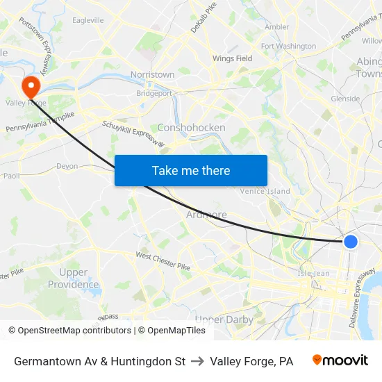Germantown Av & Huntingdon St to Valley Forge, PA map