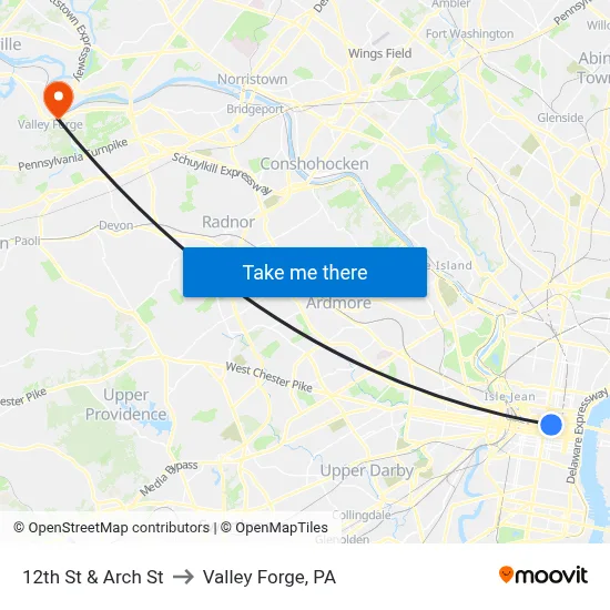 12th St & Arch St to Valley Forge, PA map