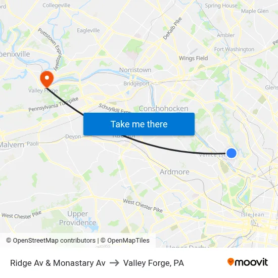 Ridge Av & Monastary Av to Valley Forge, PA map