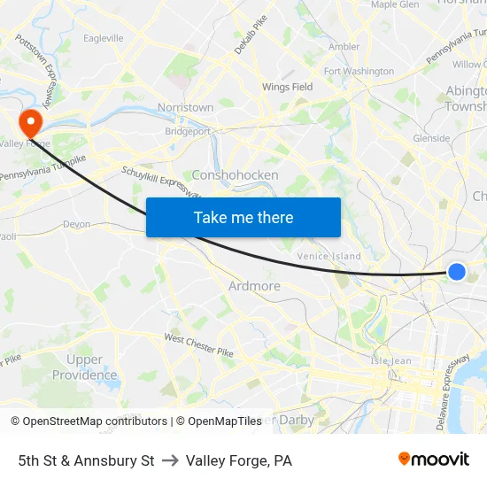 5th St & Annsbury St to Valley Forge, PA map