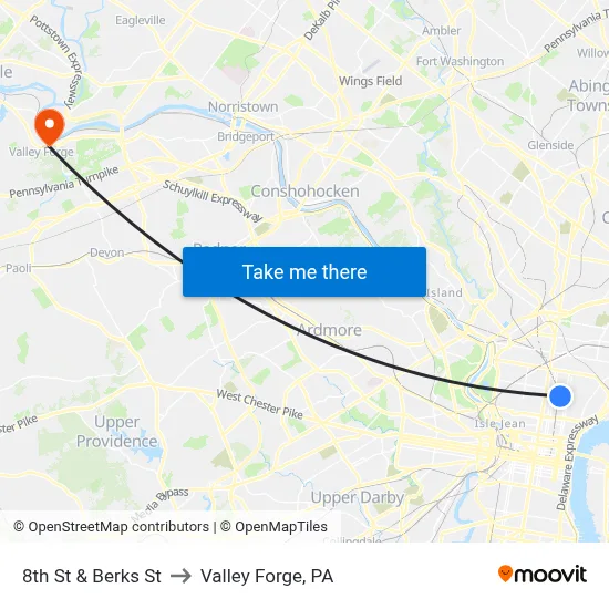 8th St & Berks St to Valley Forge, PA map