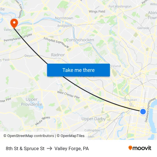 8th St & Spruce St to Valley Forge, PA map
