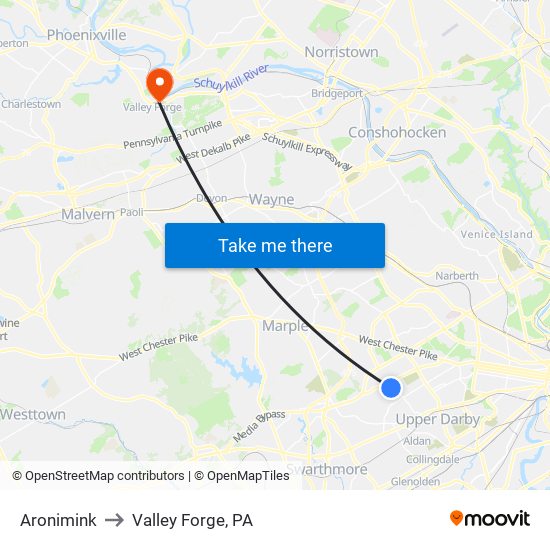 Aronimink to Valley Forge, PA map