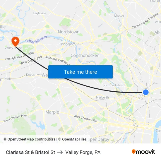 Clarissa St & Bristol St to Valley Forge, PA map