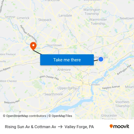 Rising Sun Av & Cottman Av to Valley Forge, PA map
