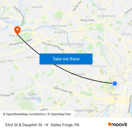 33rd St & Dauphin St to Valley Forge, PA map