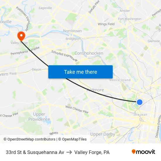 33rd St & Susquehanna Av to Valley Forge, PA map