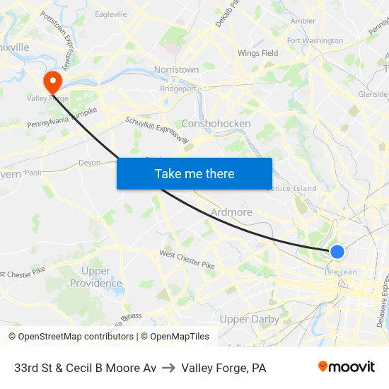 33rd St & Cecil B Moore Av to Valley Forge, PA map