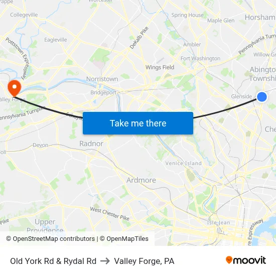 Old York Rd & Rydal Rd to Valley Forge, PA map