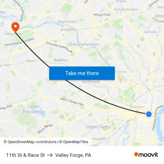 11th St & Race St to Valley Forge, PA map