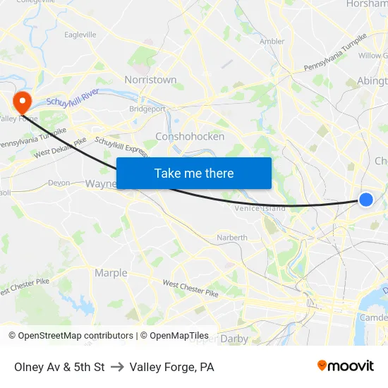 Olney Av & 5th St to Valley Forge, PA map