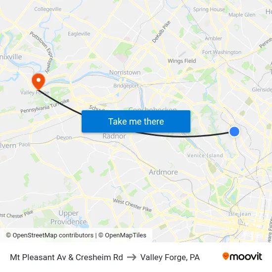 Mt Pleasant Av & Cresheim Rd to Valley Forge, PA map