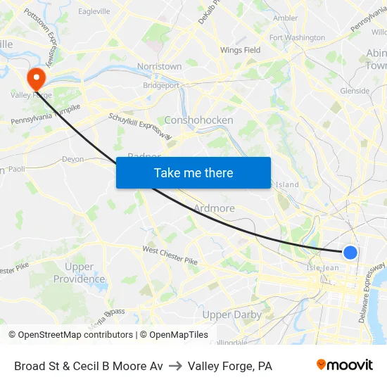 Broad St & Cecil B Moore Av to Valley Forge, PA map