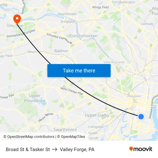 Broad St & Tasker St to Valley Forge, PA map