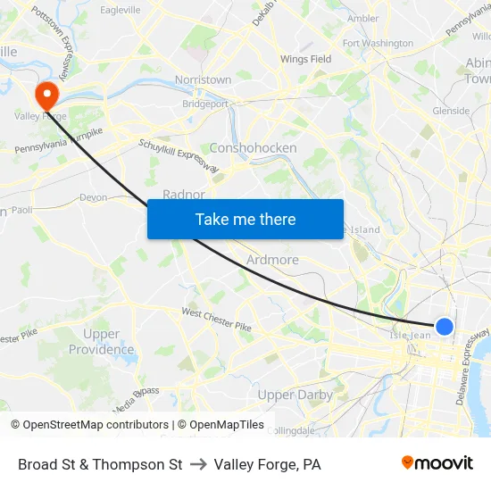 Broad St & Thompson St to Valley Forge, PA map