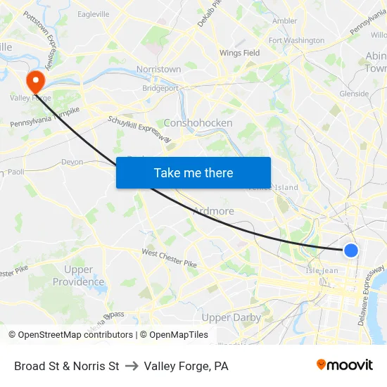 Broad St & Norris St to Valley Forge, PA map