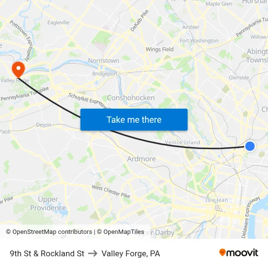 9th St & Rockland St to Valley Forge, PA map