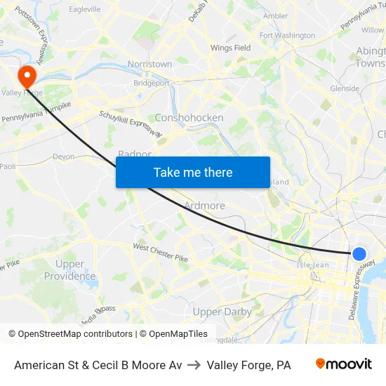 American St & Cecil B Moore Av to Valley Forge, PA map