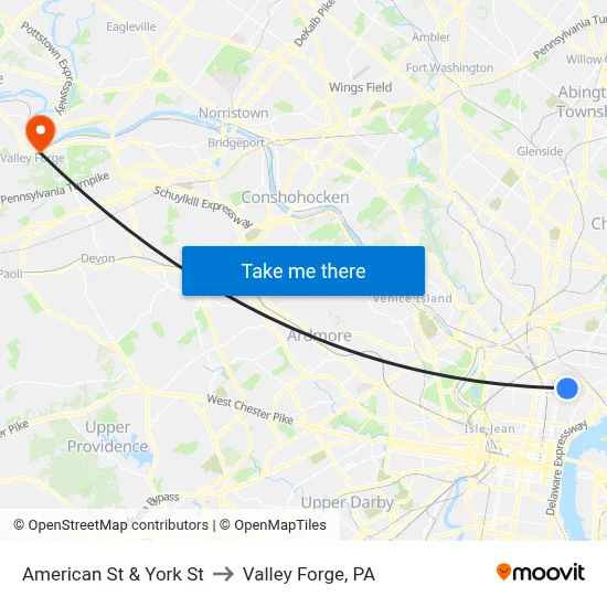 American St & York St to Valley Forge, PA map