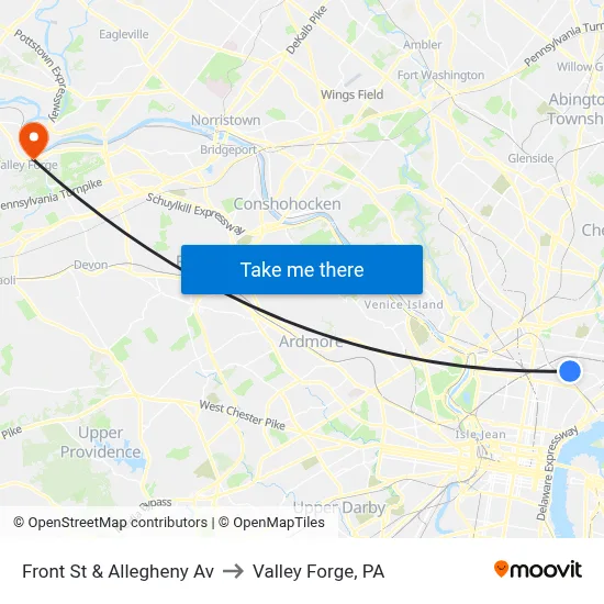 Front St & Allegheny Av to Valley Forge, PA map