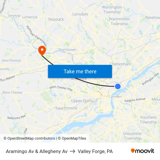 Aramingo Av & Allegheny Av to Valley Forge, PA map